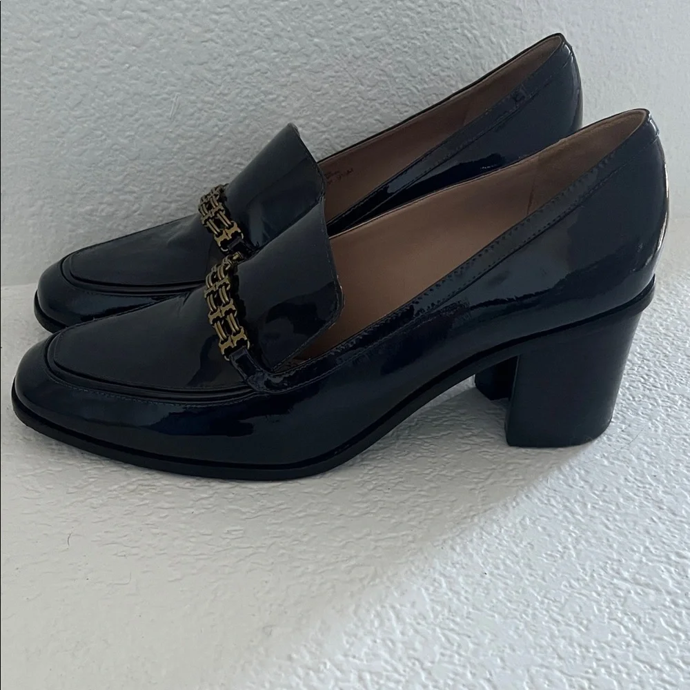 Tory Burch Navy Gemini Link Patent Mid Heel Loafers